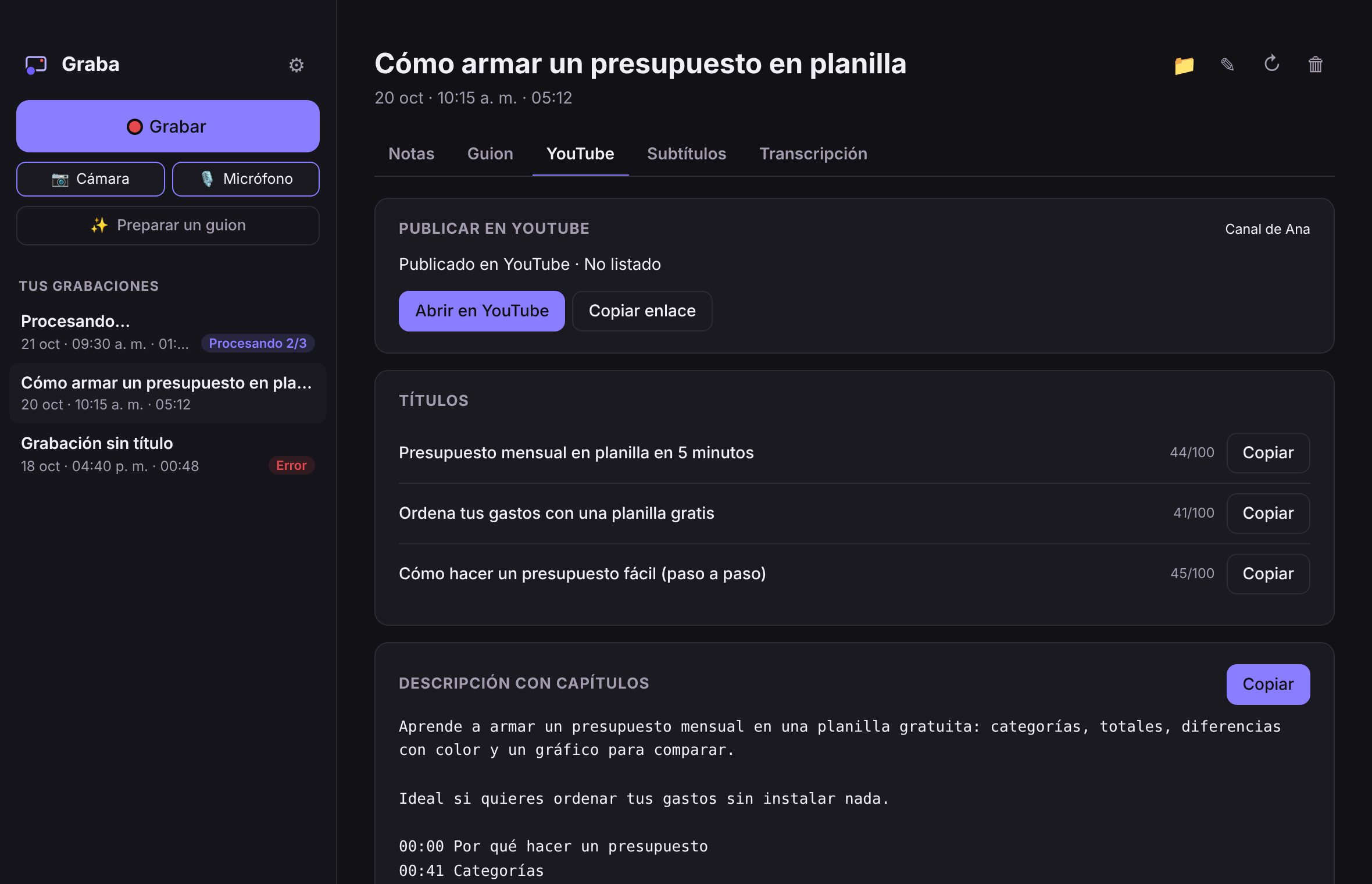 Graba mostrando títulos, descripción con capítulos y etiquetas de una grabación